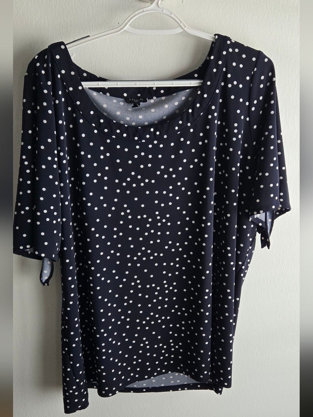 Talbots Plus 2X Navy Blue & White Polka Dot Short Sleeve Blouse Knot Tie Cuff